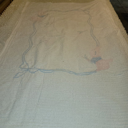 Chenille baby blanket Bunnies Blue pink yellow VINTAGE Crib bedspread
