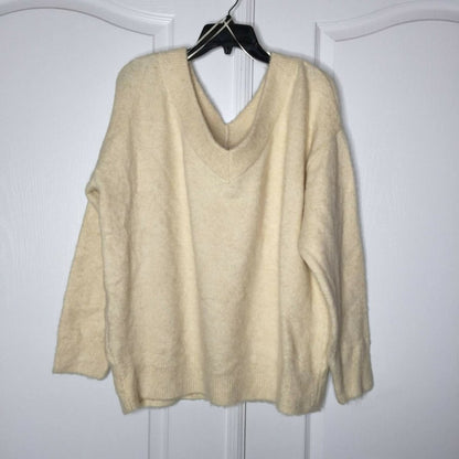 Topshop V-Neck Pullover Sweater Stretch Size 14 Oatmeal Cream Round Hem oVERSIZE