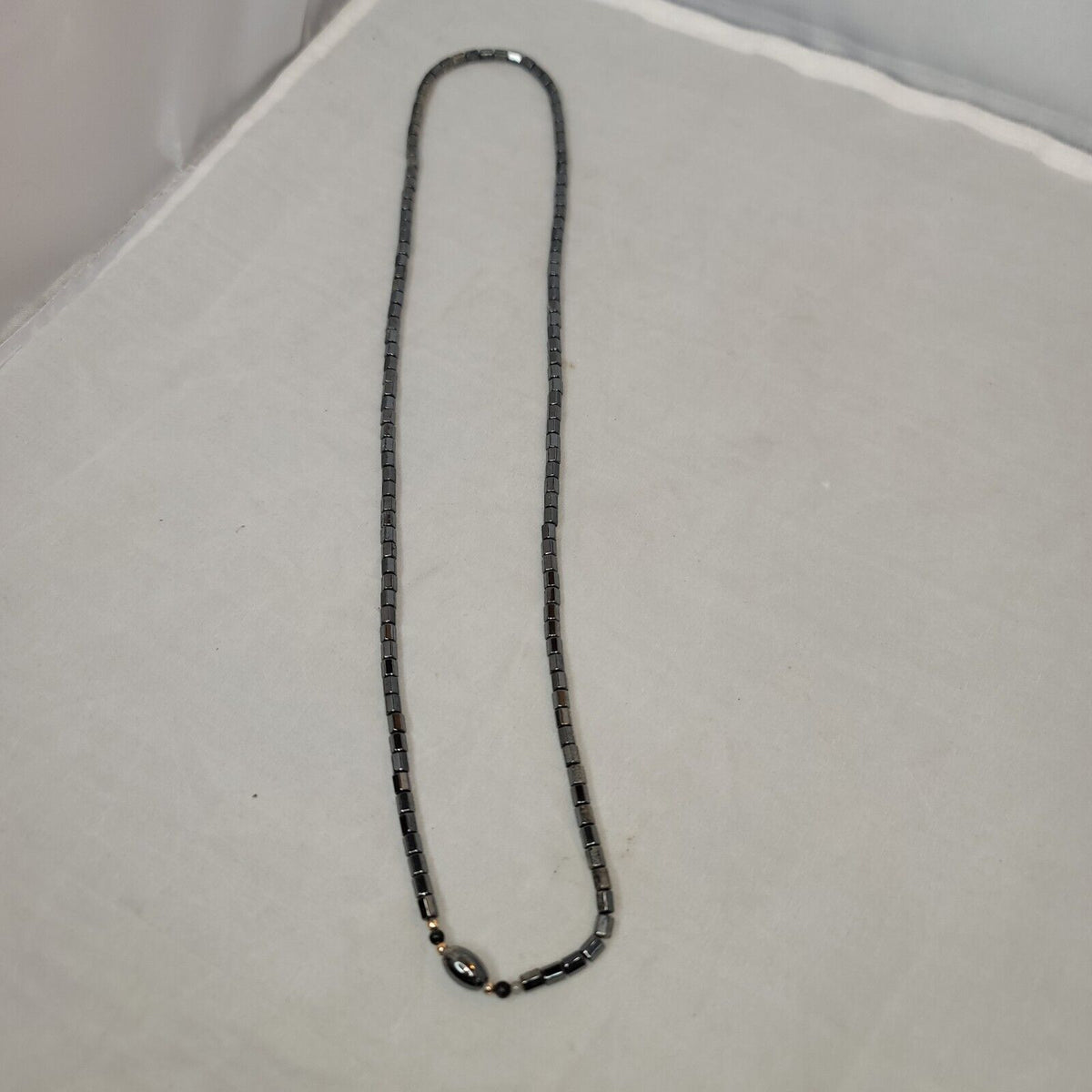 Vintage Hematite 16" Necklace Polished Barrel Shaped Bead Excellent Condition