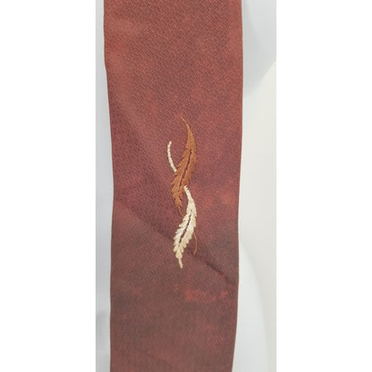 Vintage Mens Neck Tie 52" Reddish Brown Ombre Embroidered Feathers FLAME WIDE