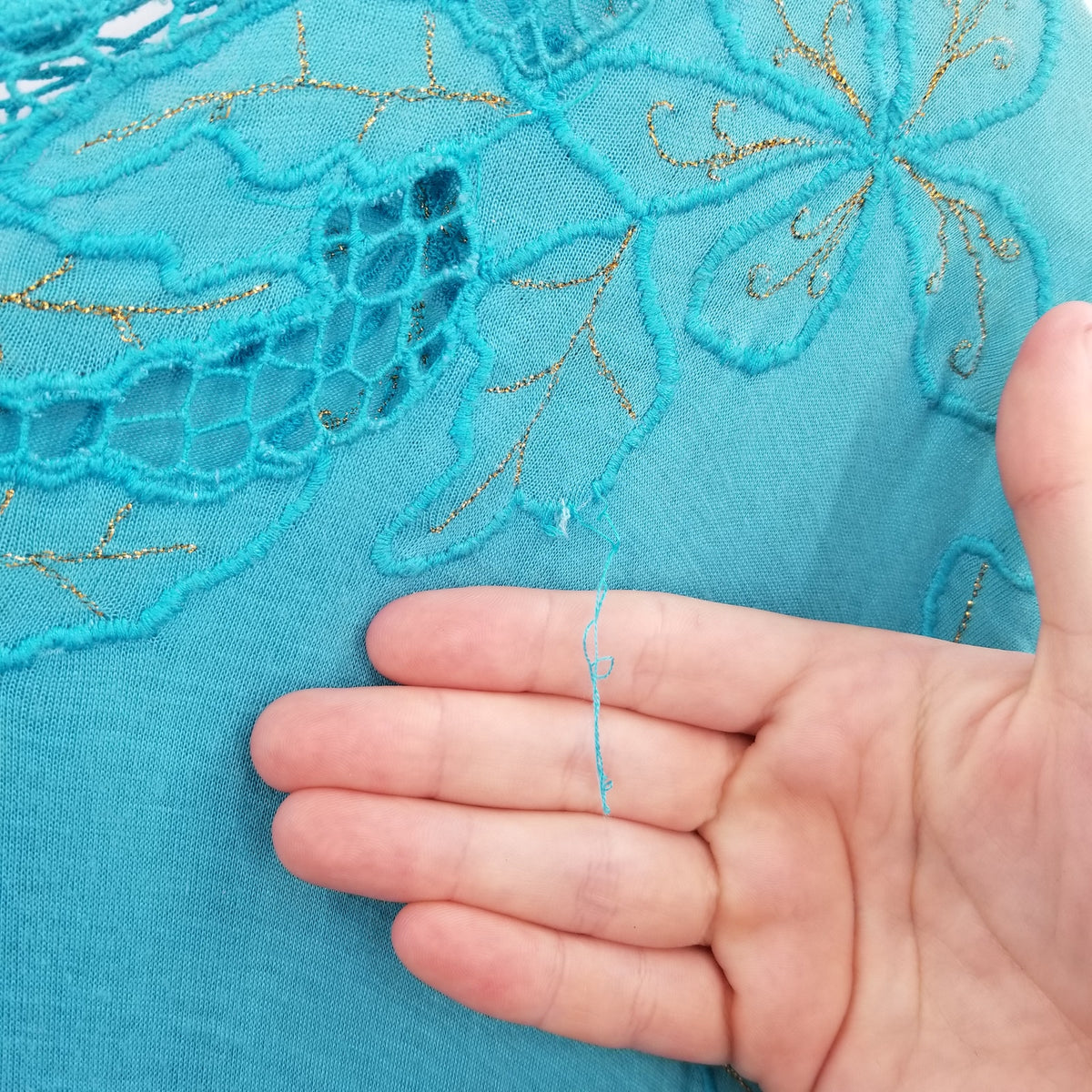 Vintage Blue Teal Coverup Dress Embroidery short sleeve 1980's Medium