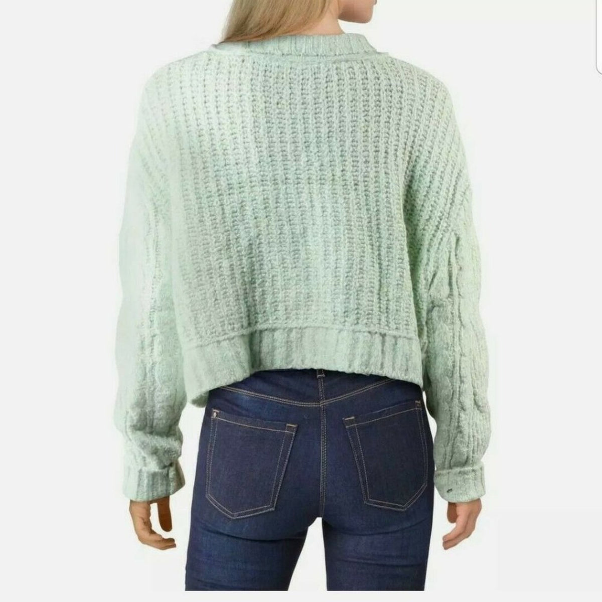 NWT Free People Merry Go Round Cable Knit Sweater MINTY Large Chunky long sleeve