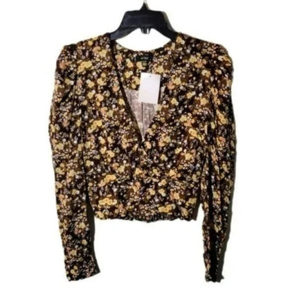 AFRM Fall Bouquet Floral Size Small/Petite SP NEW Wrap Front V-Neck Puff Sleeve