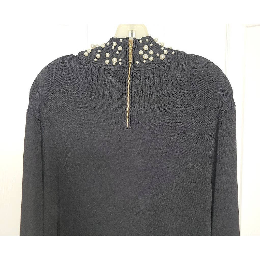 Eliza J Black Sweater Knit dress Pearl Collar Neckline Long Sleeve Midi Size XL