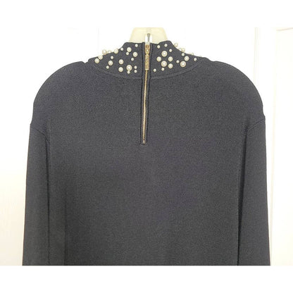 Eliza J Black Sweater Knit dress Pearl Collar Neckline Long Sleeve Midi Size XL
