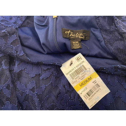 Thalia Sodi Cap Sleeve Jewel Neck Ruffle Hem Lace Midi Dress Sz Medium Navy NWT
