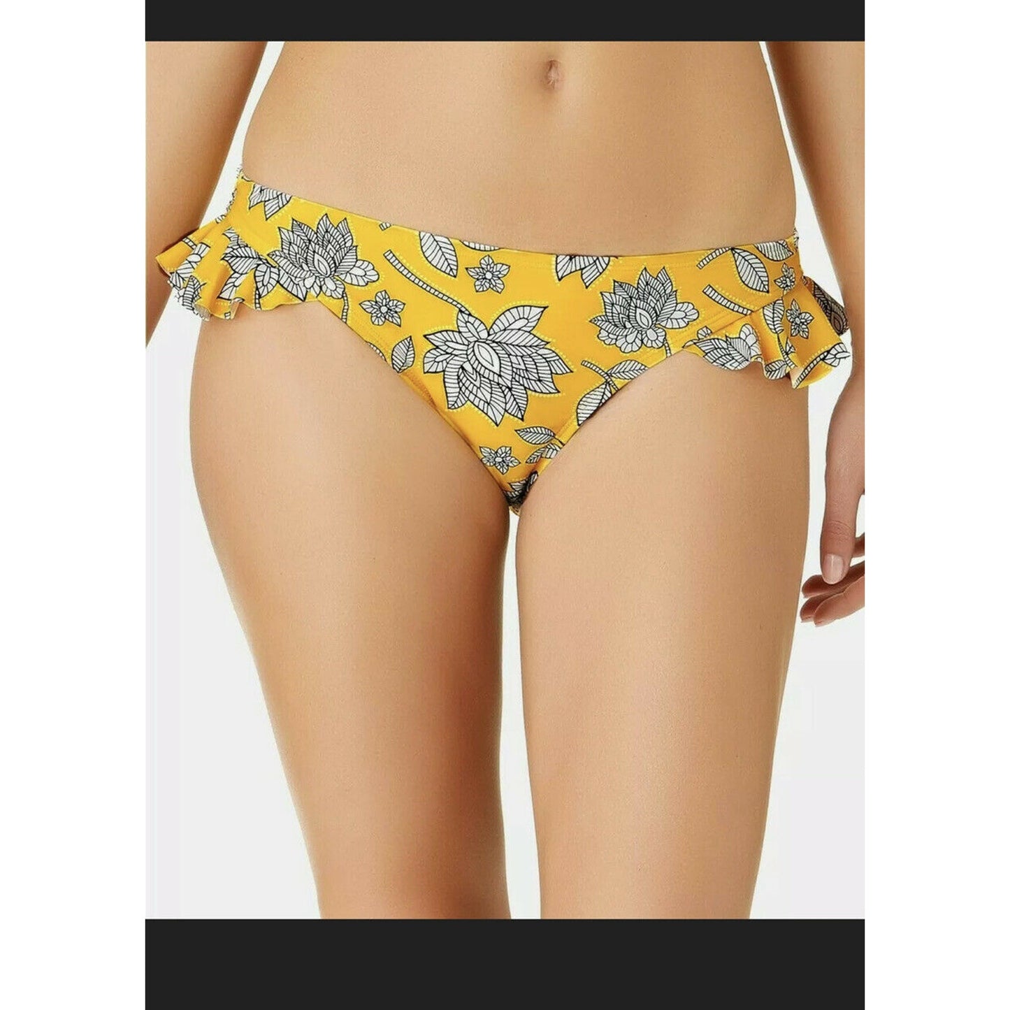 California Waves Baja Beauty Floral Ruffled Yellow Hipster Bikini Bottoms Large