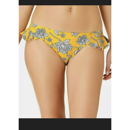 California Waves Baja Beauty Floral Ruffled Yellow Hipster Bikini Bottoms Large