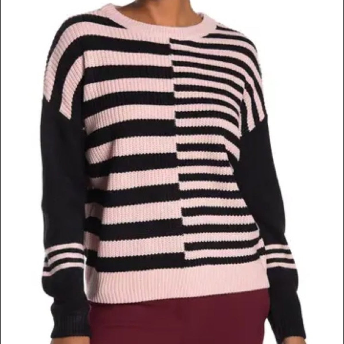 Catherine Malandrino NWT Black Pink Striped Colorblock Pullover Sweater Large