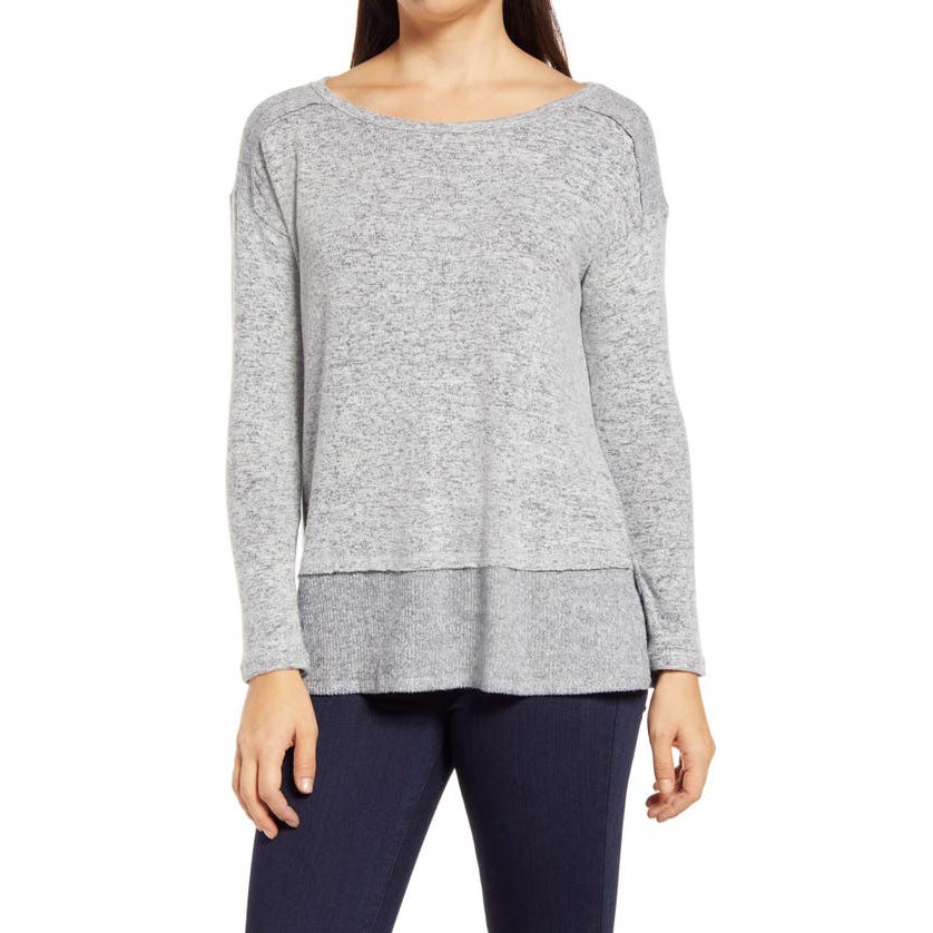 Bobeau Layered Look Tunic Sweater Ribbed Hem Long Sleeve Dew Nightfall X-Large