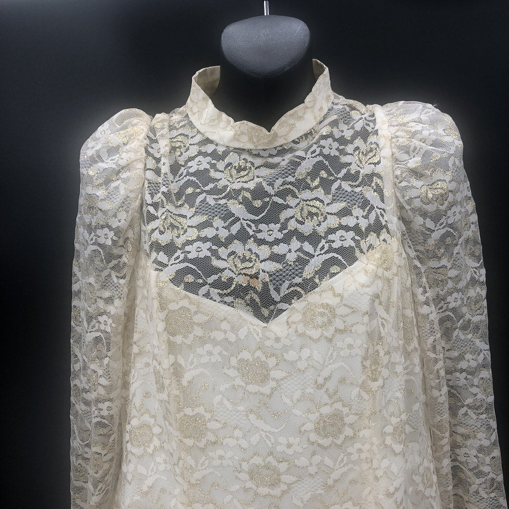 Vintage 80s Gold Lace Sheer Illusion High Neck Drop Waist Midi Dress Wedding