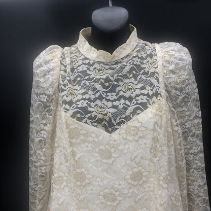 Vintage 80s Gold Lace Sheer Illusion High Neck Drop Waist Midi Dress Wedding