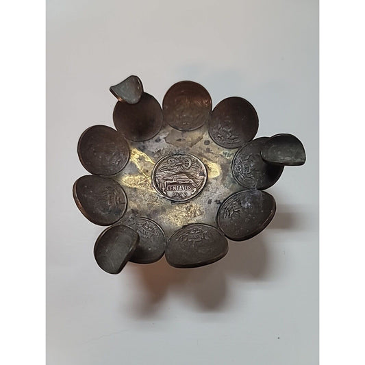 VINTAGE MEXICAN COIN CENTAVOS 1970s ASHTRAY 15 COINS HANDMADE FOLK ART BRASS