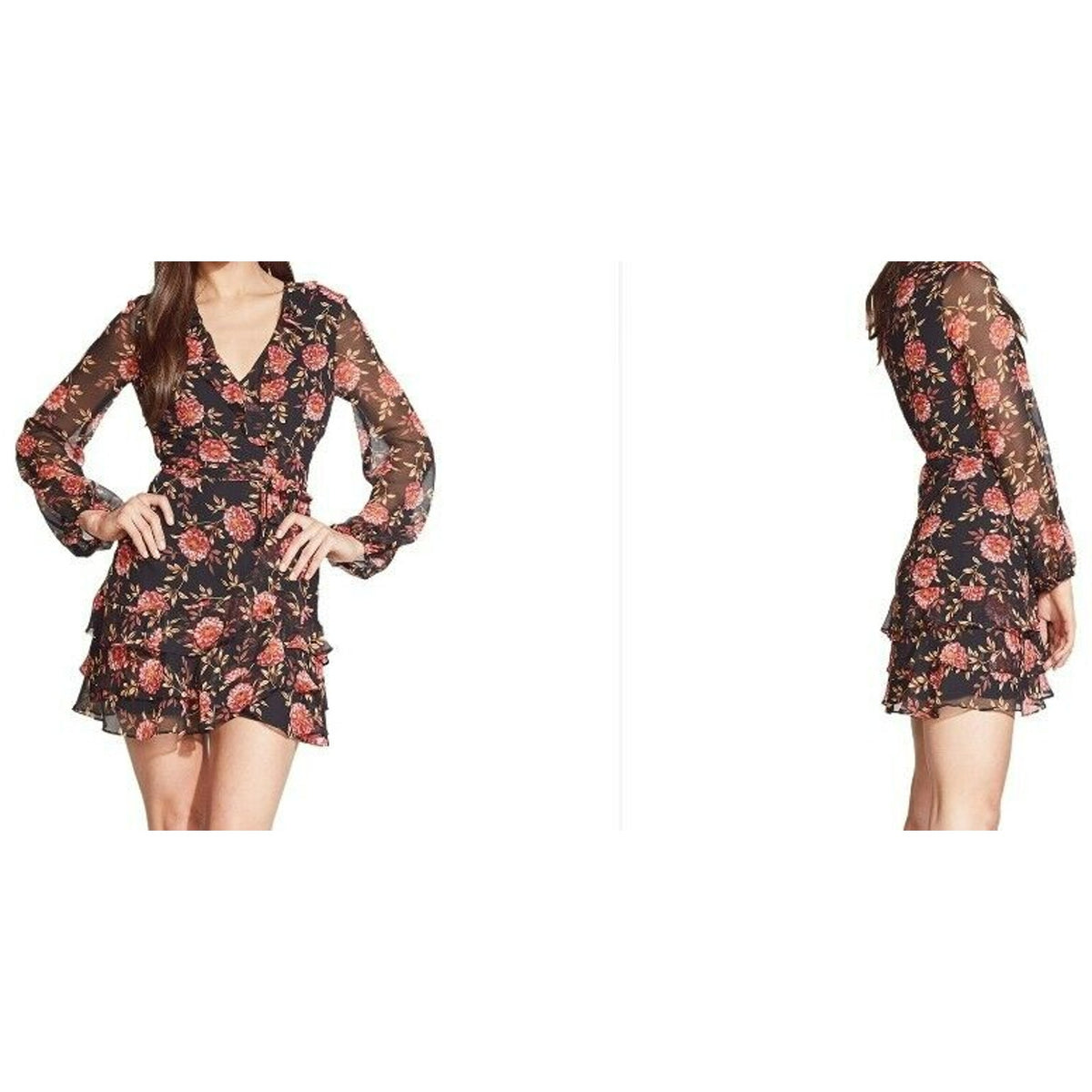 Bardot Women’s Faux Wrap Triple Ruffle Frill Mini Dress 4 / XS Black Floral NWT