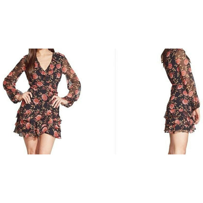 Bardot Women’s Faux Wrap Triple Ruffle Frill Mini Dress 4 / XS Black Floral NWT