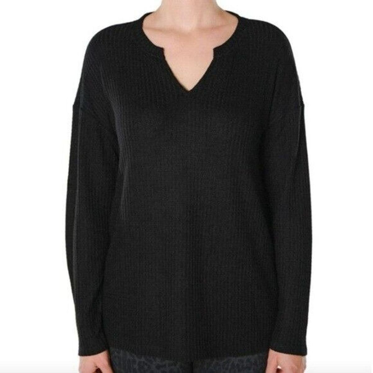 Sanctuary Long Sleeve Thermal Waffle Knit Pullover Shirt Size Small Black NWT
