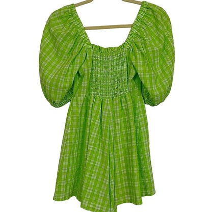 Topshop Ruched Bow Front Scoop Neck Puff Sleeve Romper US Size 2 Lime Plaid NWT