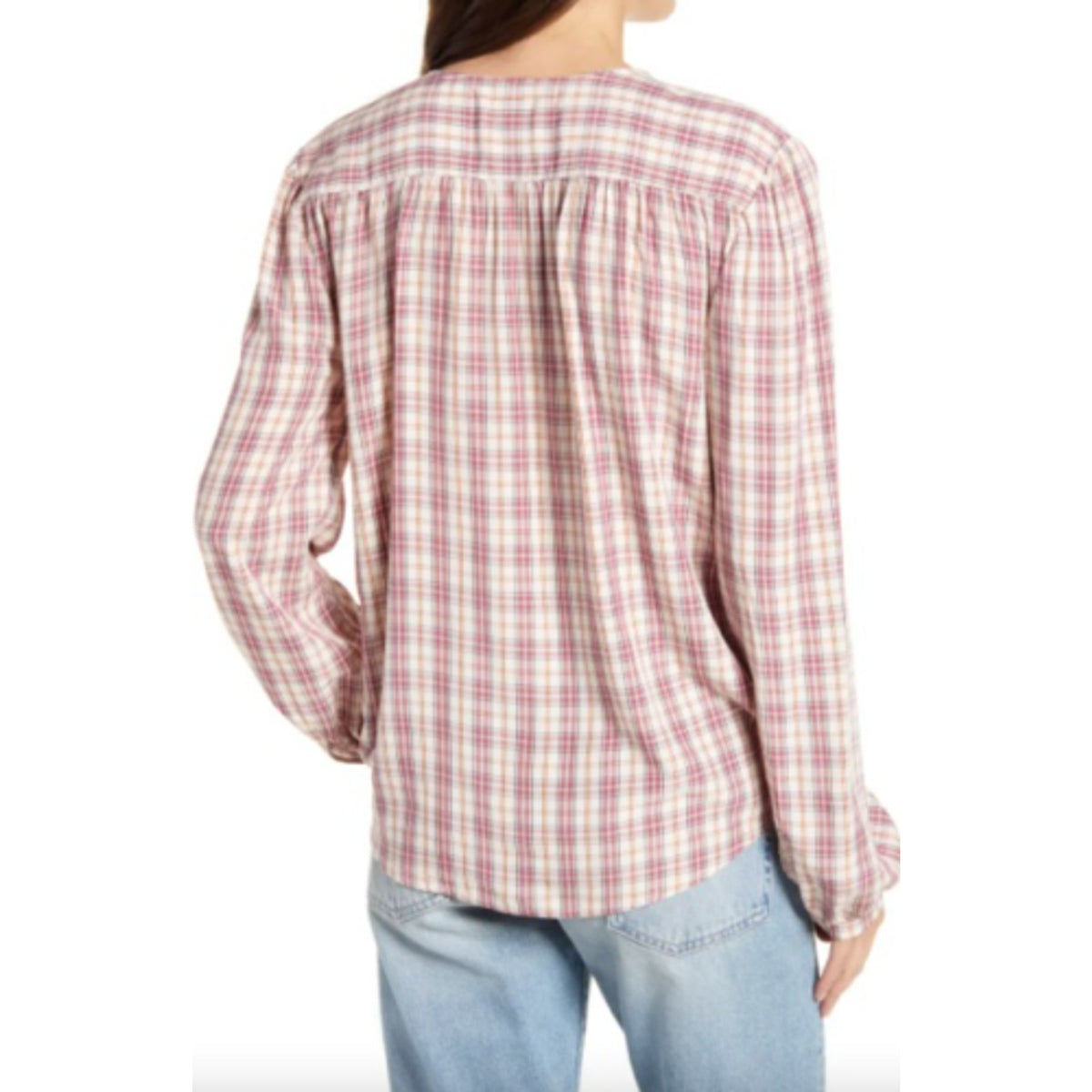 Treasure & Bond Shirred Wrap Top XS/Extra Small Pink Frosty Plaid NEW Surplice