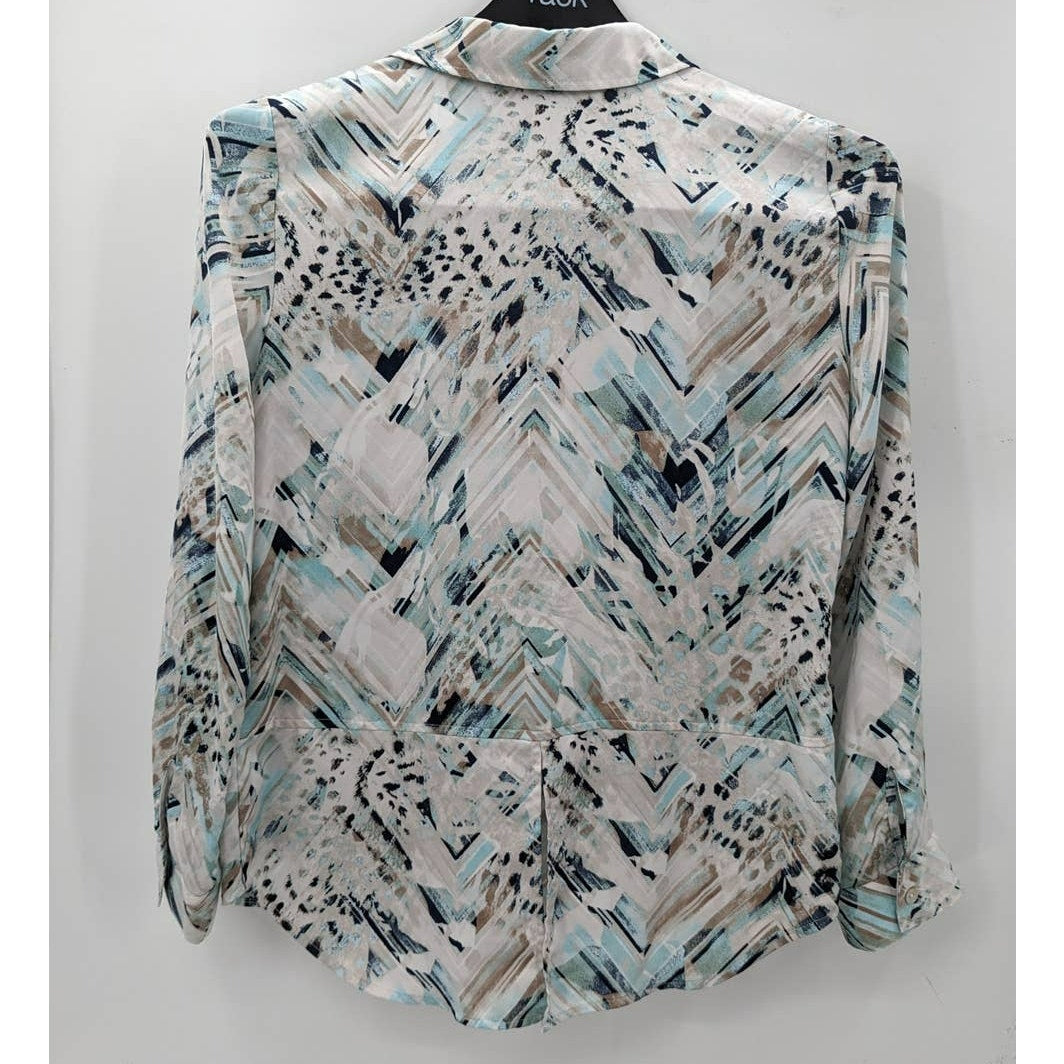 Chico's Lightweight Button Up Shirt Size 0 White Blue Tab Roll Long sleeve