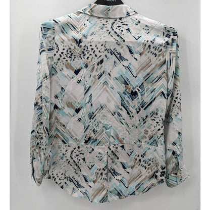 Chico's Lightweight Button Up Shirt Size 0 White Blue Tab Roll Long sleeve
