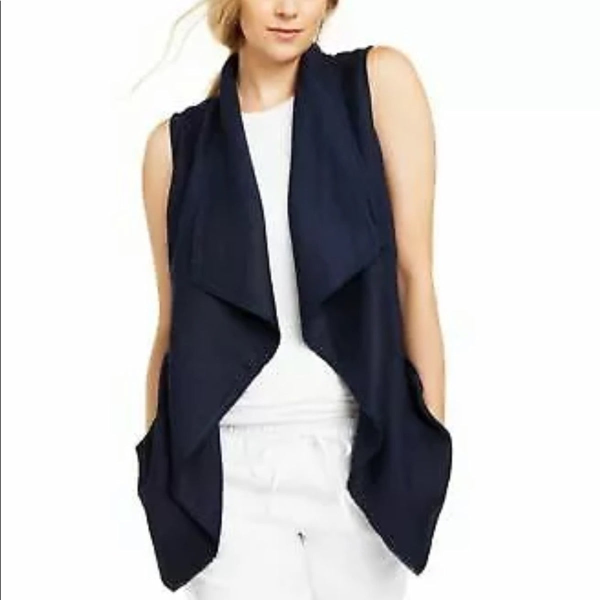 Charter Club Frayed Trim Draped Vest Intrepid Blue Medium Layering Casual LINEN
