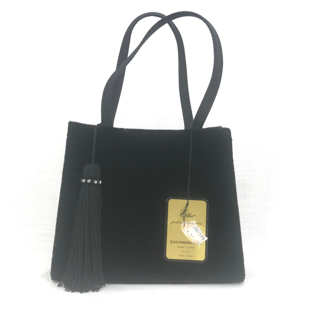 Elka Women's Velvet Tassel Tie Totes Hand Bag Snap Magnetic Black Size One NWT