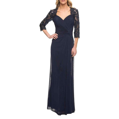 La Femme Sweetheart Neck Lace Sleeve Knot Detail Gown Dress Sz 18 Navy NWT 23244