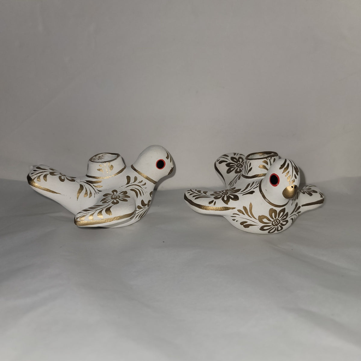 Paloma Doves Birds Candleholder Pair white gold Mexico Pottery folkart