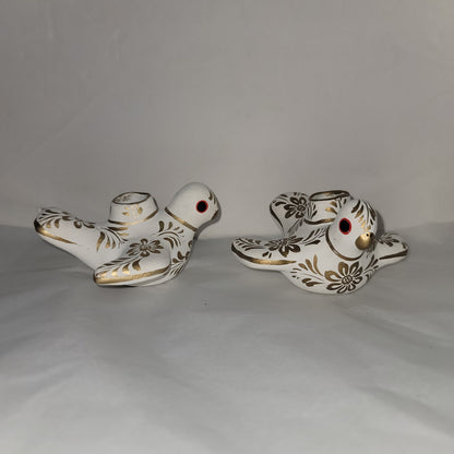 Paloma Doves Birds Candleholder Pair white gold Mexico Pottery folkart