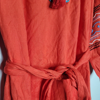 Anthropologie Scarlet Puff-Sleeved Midi Belted pockets BOHO Dress Size Medium