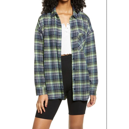 BP. Boyfriend Plaid Button-up Shirt Veronika Plaid Collared Neck Navy Multi SZ S