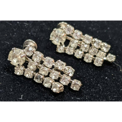 Vintage Screw Clip On Earrings Silver Tone White Rhinestone Dangle Chandelier
