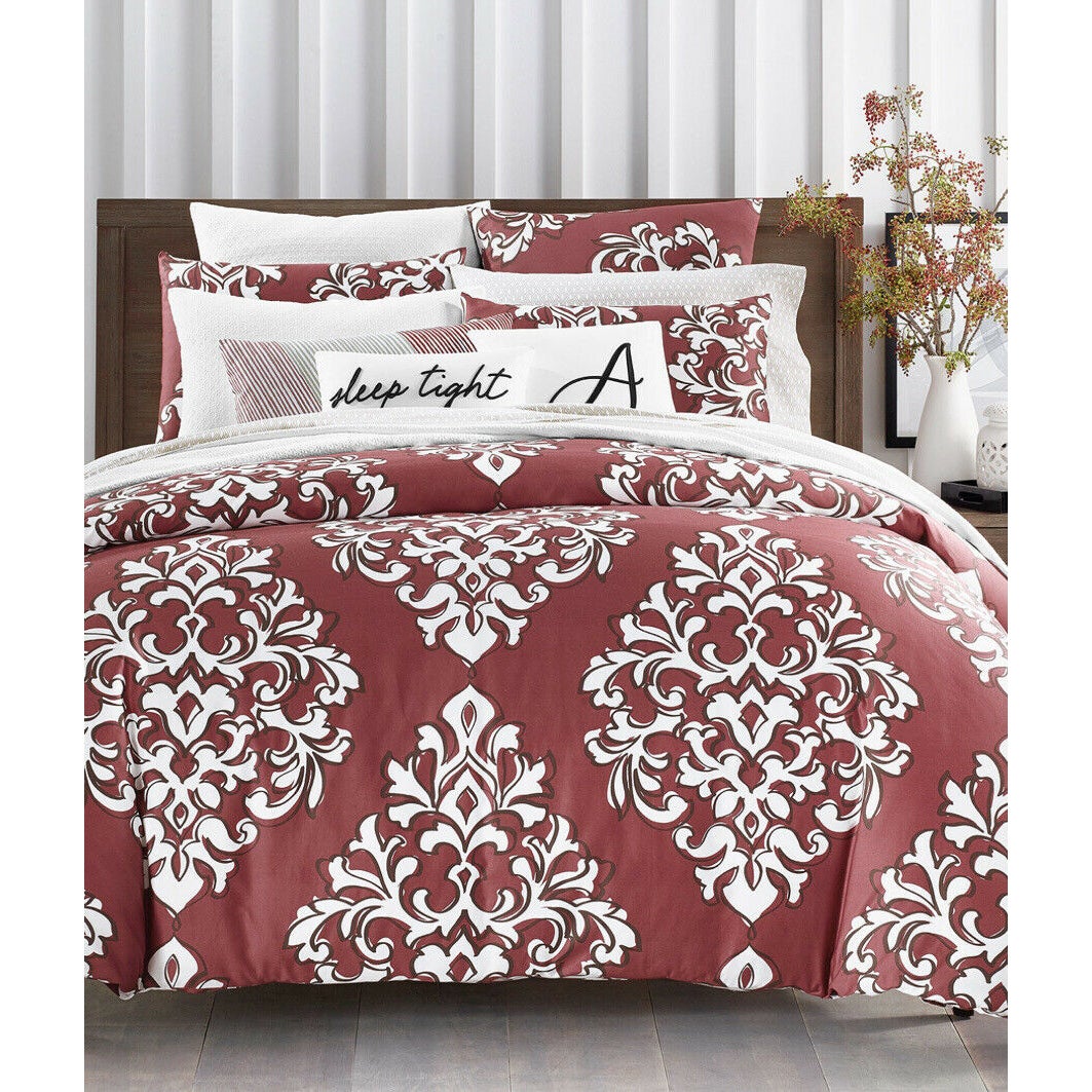 Charter Club Damask Designs Outline  3 PC Duvet Cover Set Maroon Red King NEW