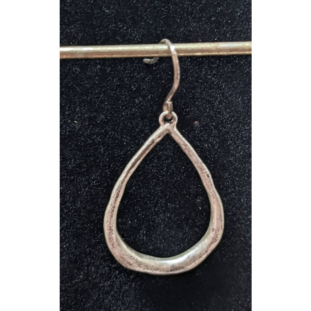 Vintage Handmade Rough Silver Teardrop Hoop Dangle Drop Earrings Light Patina