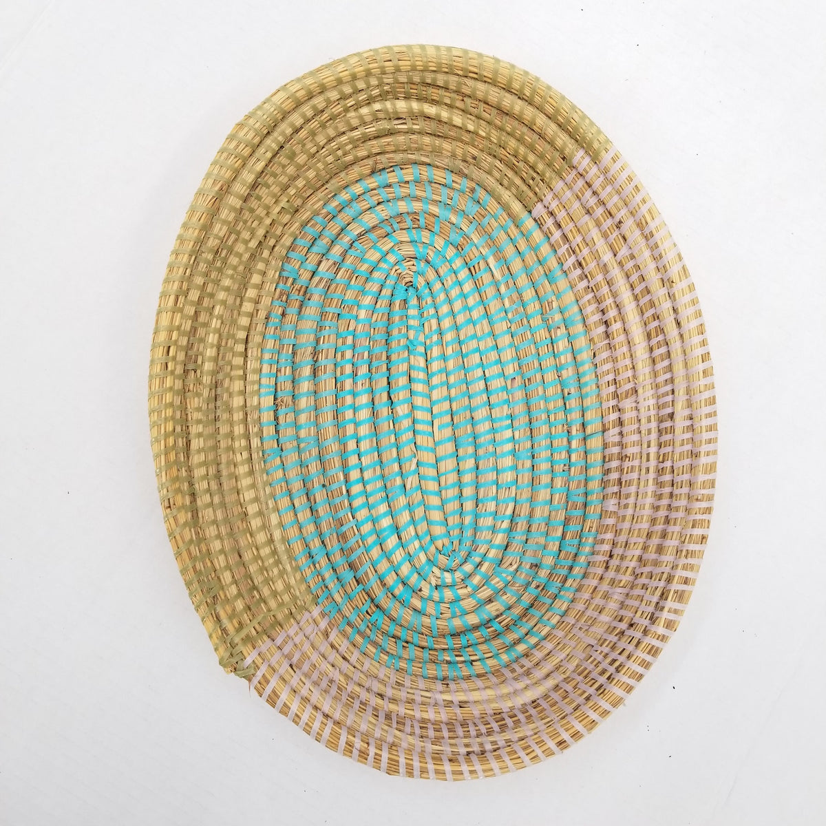 Handmade Senegal Woven Sea Grass Basket Recycled Plastic Astou Dioum Teal Wrap