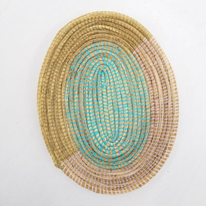 Handmade Senegal Woven Sea Grass Basket Recycled Plastic Astou Dioum Teal Wrap
