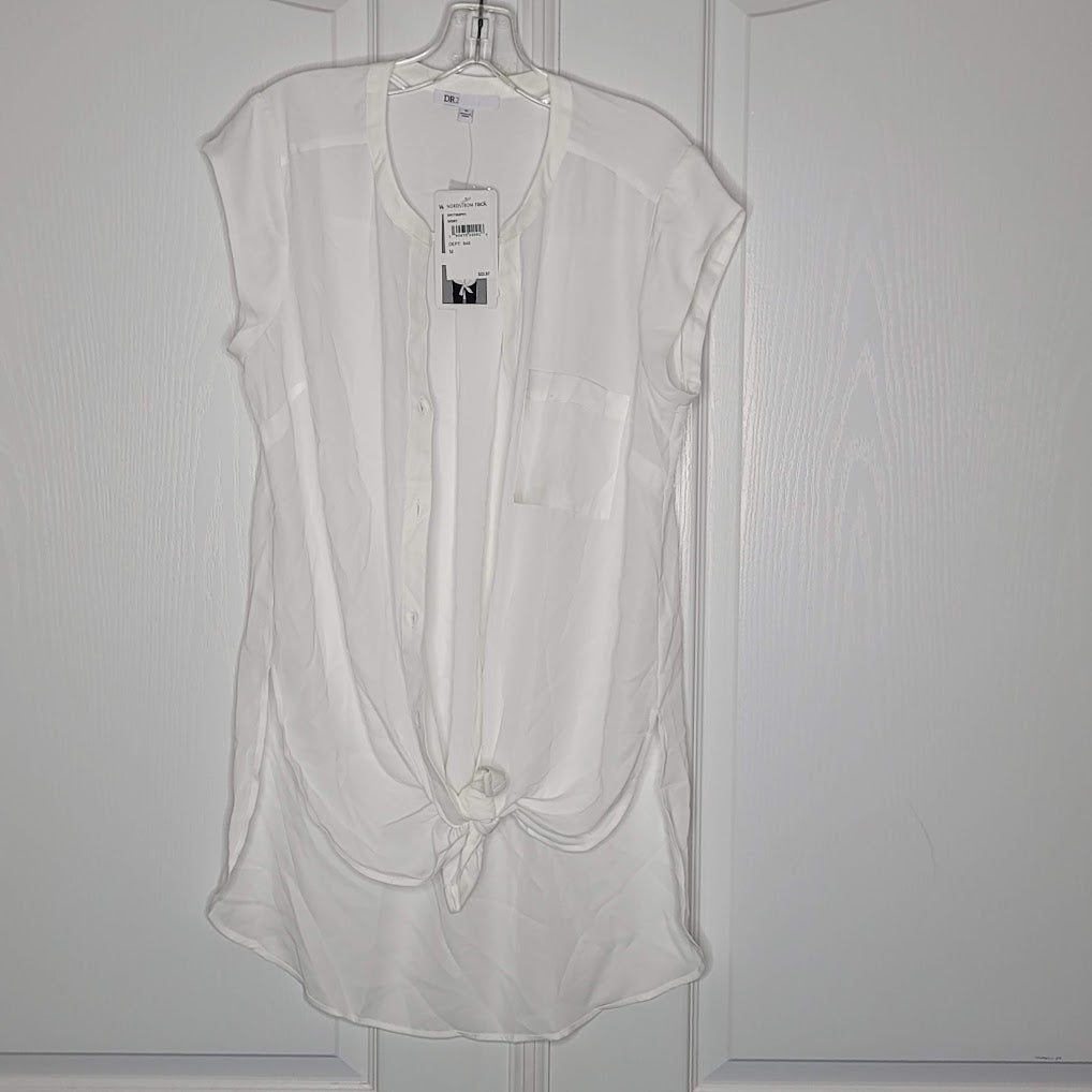 DR2 Sheer Ivory White Medium Front Tie High Low Sleeveless Blouse Top Shirt NEW