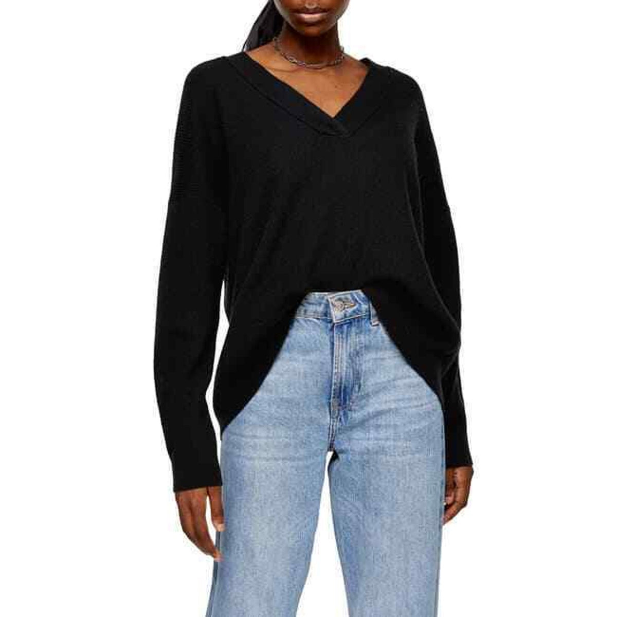 Topshop Ribbed Knit V-Neck Pullover Sweater Long Sleeves Black Size 4/6 MEDIUM