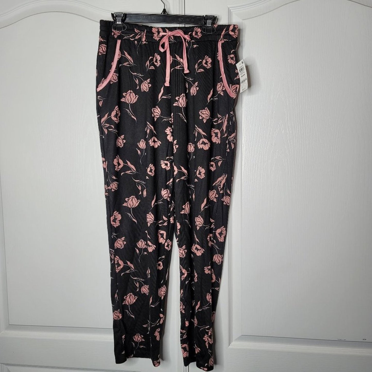 Charter Club LARGE Floral BLK/PINK Pajama Pants PJs Drawstring Waist cozy rose