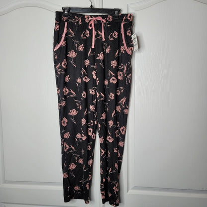 Charter Club LARGE Floral BLK/PINK Pajama Pants PJs Drawstring Waist cozy rose