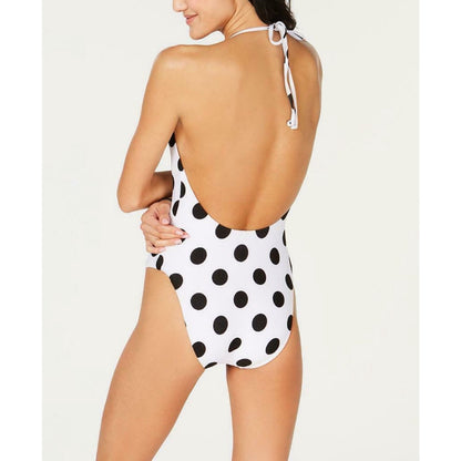Bar III This and Dot Printed Plunging One-Piece Swimsuit White/Black Medium
