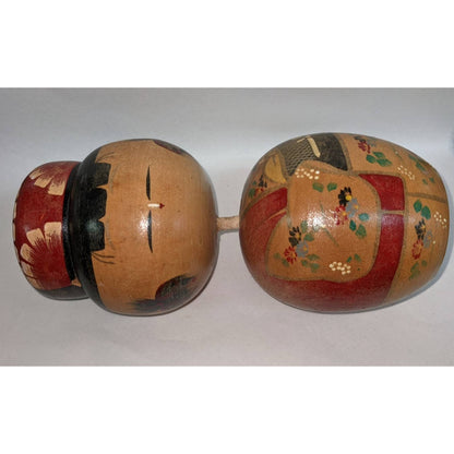 Japanese Hand Painted Kokeshi Doll Pair Set Wooden Large Peg Bobble Head Figure