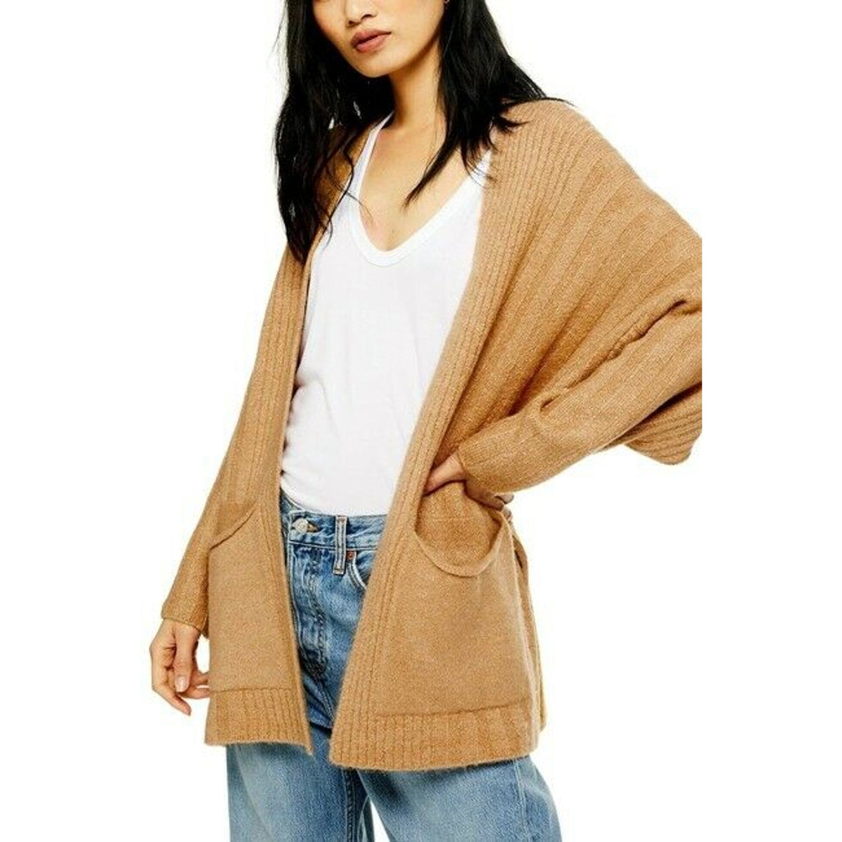 Topshop Open Front Long Cardigan Sweater Long Sleeve Scoop Pockets Size 8-10 NEW