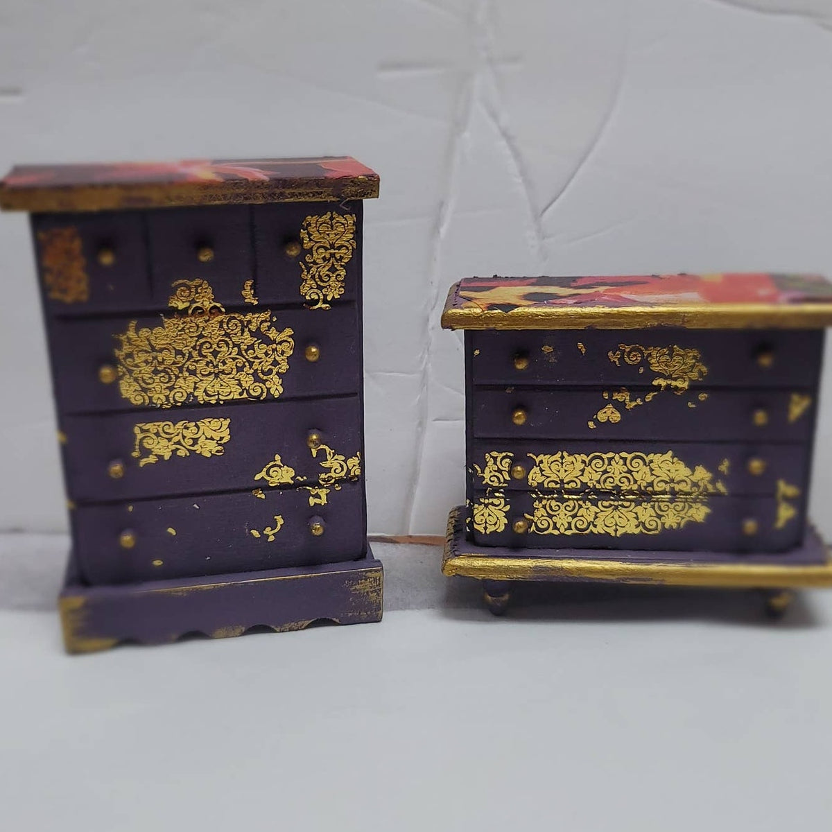 Handpainted Doll Furniture chest of drawers dresser purple gold BOHO Punk funky