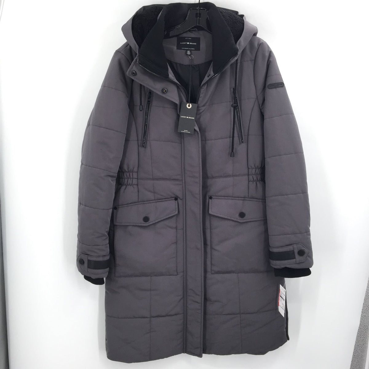 Lucky Brand Long Quilted Winter Parka Coat Drawstring Hood Gunmetal SZ Small