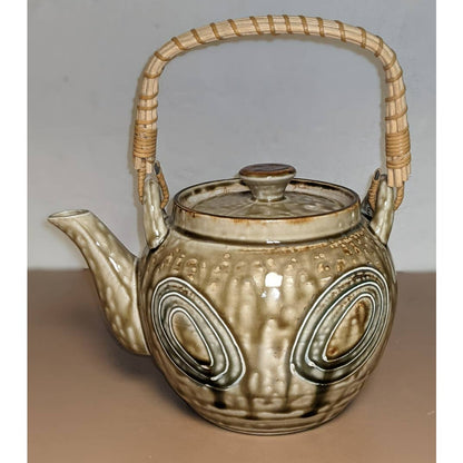 Vintage Japanese Drip Stoneware Teapot with Six Tea Bowl Chawan Ceremony Pottery