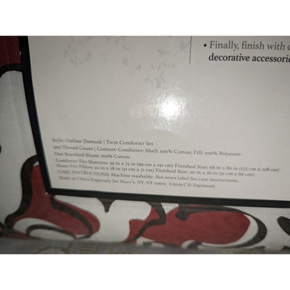 NEW CHARTER CLUB DAMASK RED OUTLINE TWIN 2 PIECE COMFORTER SET BEDDING 300TC