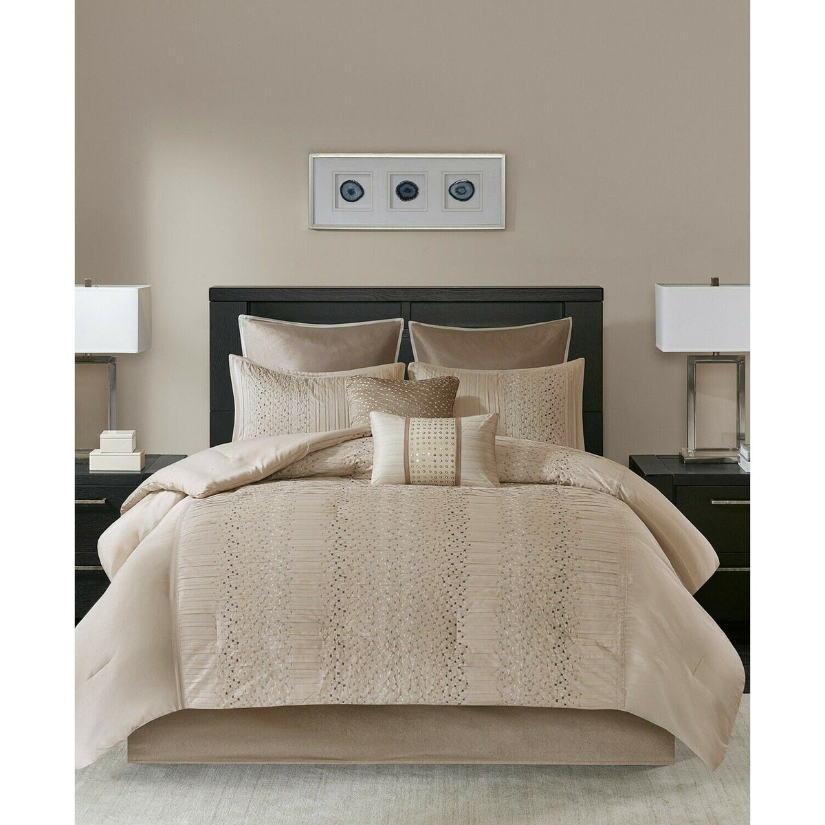 Madison Park Camelia 8 Pieces King Comforter Set Faux Silk Neutral Brown NEW