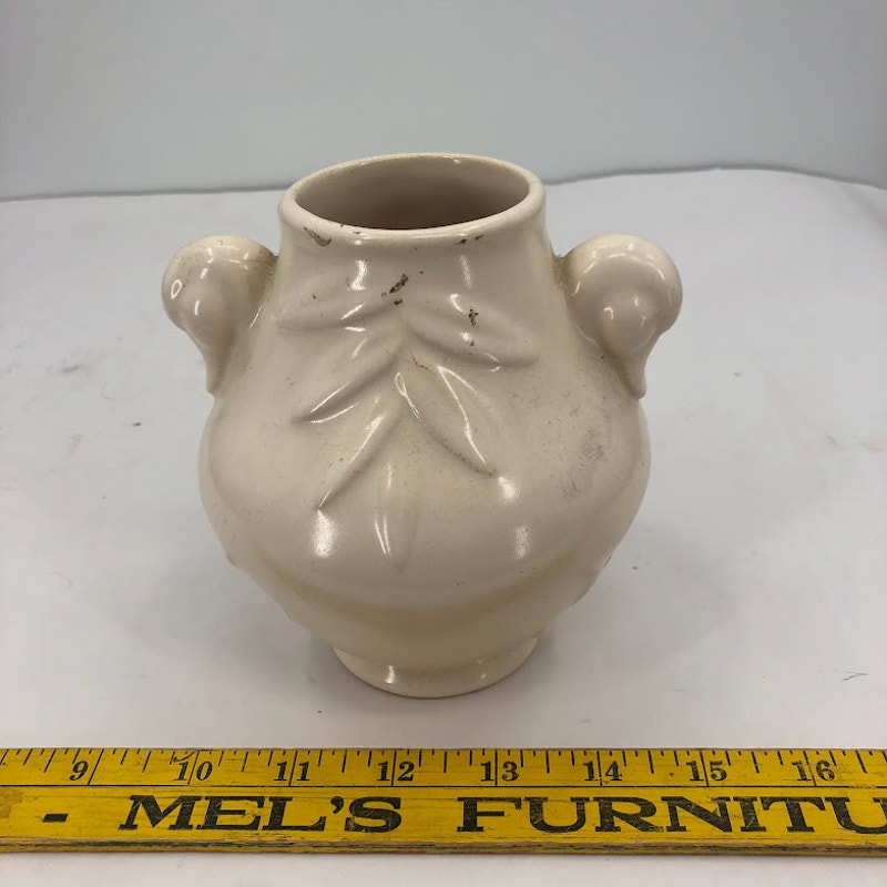 Vintage Weller Double Duckhead handle Glazed Ceramic Vase Leaves Art deco