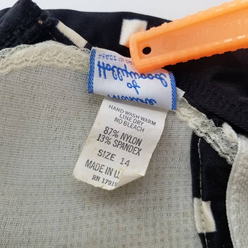 Vintage Maxine of Hollywood One Piece Swim Suit Black White Square Size 14 1960s
